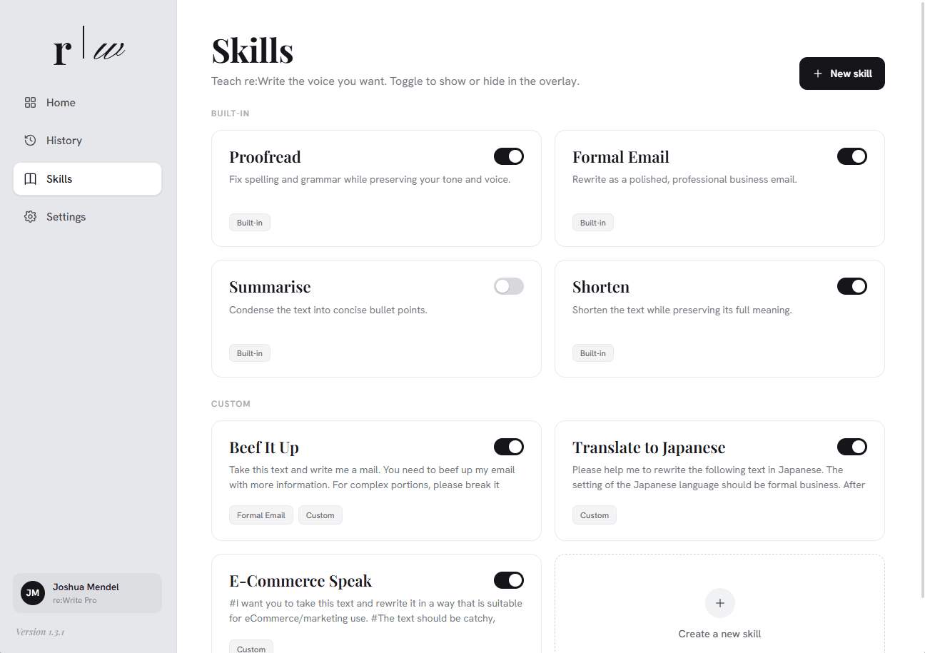 reWrite Skills menu